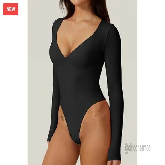 Long Sleeve V Neck Bodysuit Seamed Cup Sculpting Tops